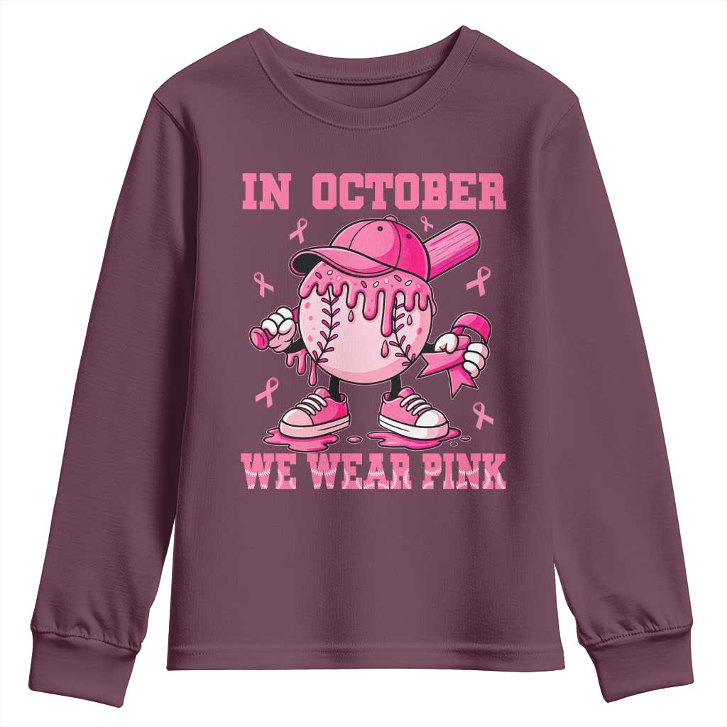 Baseball Breast Cancer Youth Sweatshirt In October We Wear Pink Baseball Drip