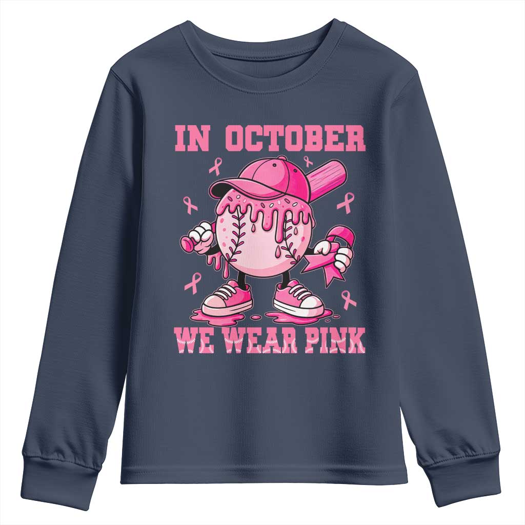 Baseball Breast Cancer Youth Sweatshirt In October We Wear Pink Baseball Drip