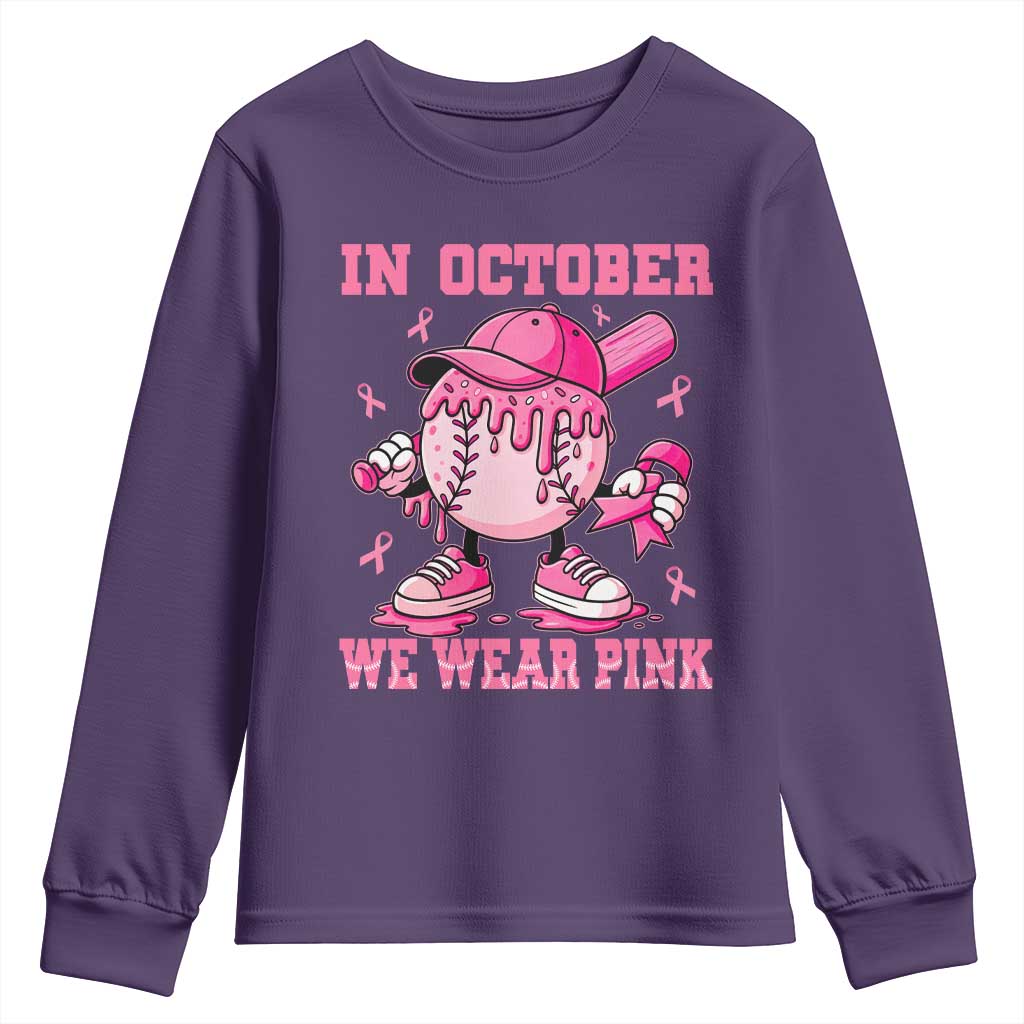 Baseball Breast Cancer Youth Sweatshirt In October We Wear Pink Baseball Drip