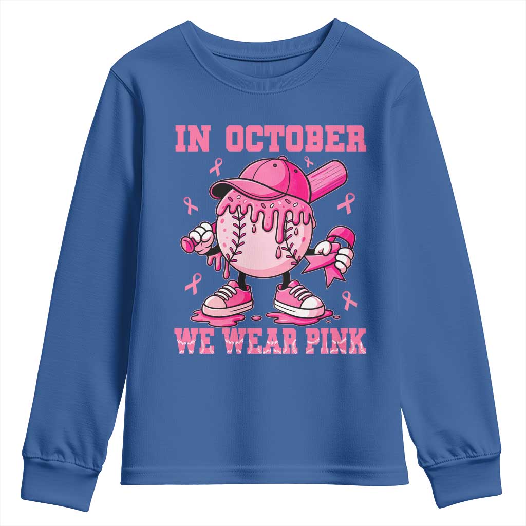 Baseball Breast Cancer Youth Sweatshirt In October We Wear Pink Baseball Drip