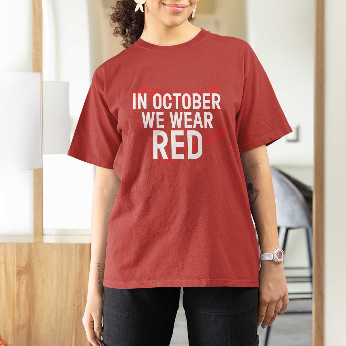 In October We Wear Red T Shirt For Women Philadelphia Baseball Phillies - Wonder Print Shop