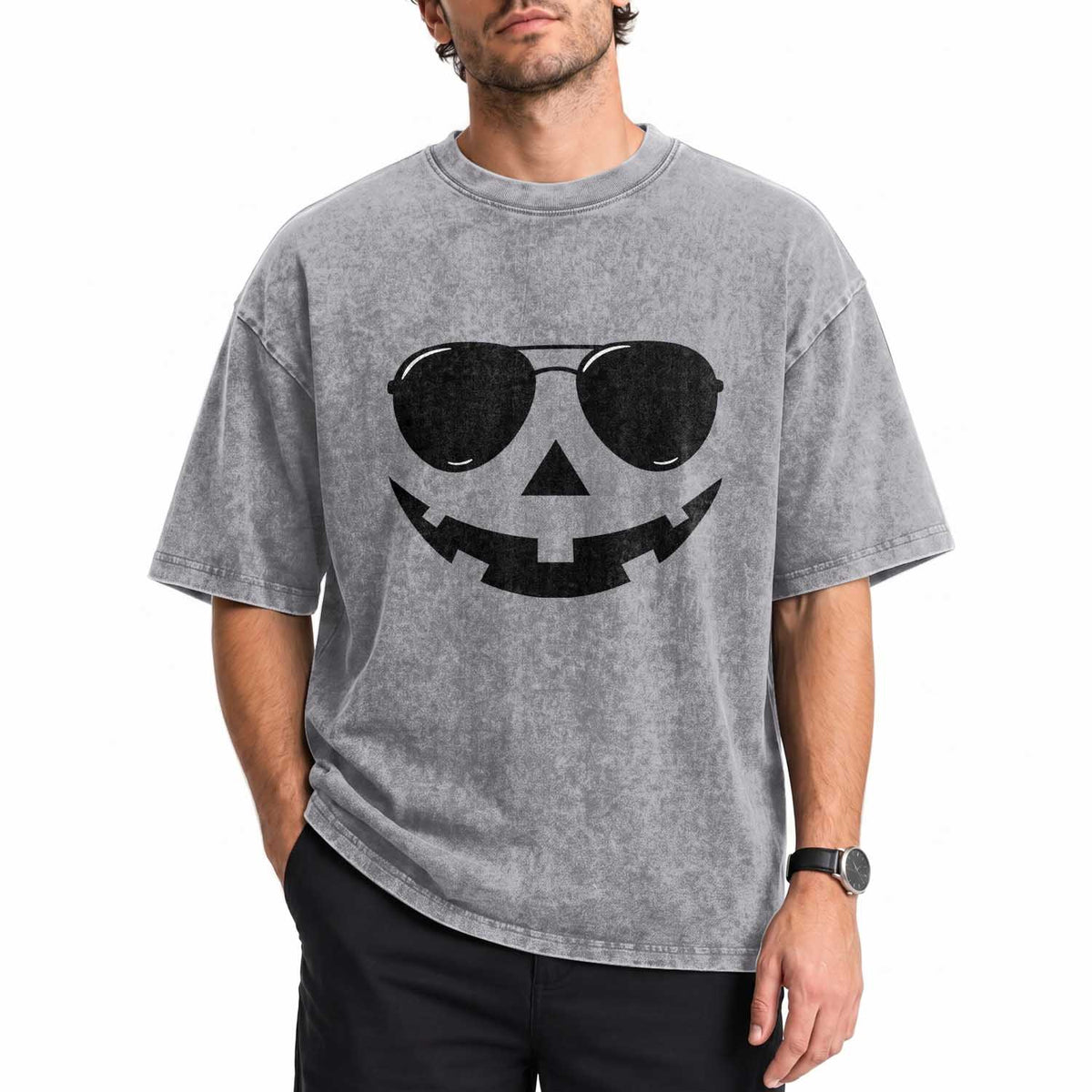 Pumpkin Face Washed Cotton T-Shirt Vintage Jack o Lantern Jackolantern Spooky Season Halloween
