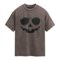 Pumpkin Face Washed Cotton T-Shirt Vintage Jack o Lantern Jackolantern Spooky Season Halloween