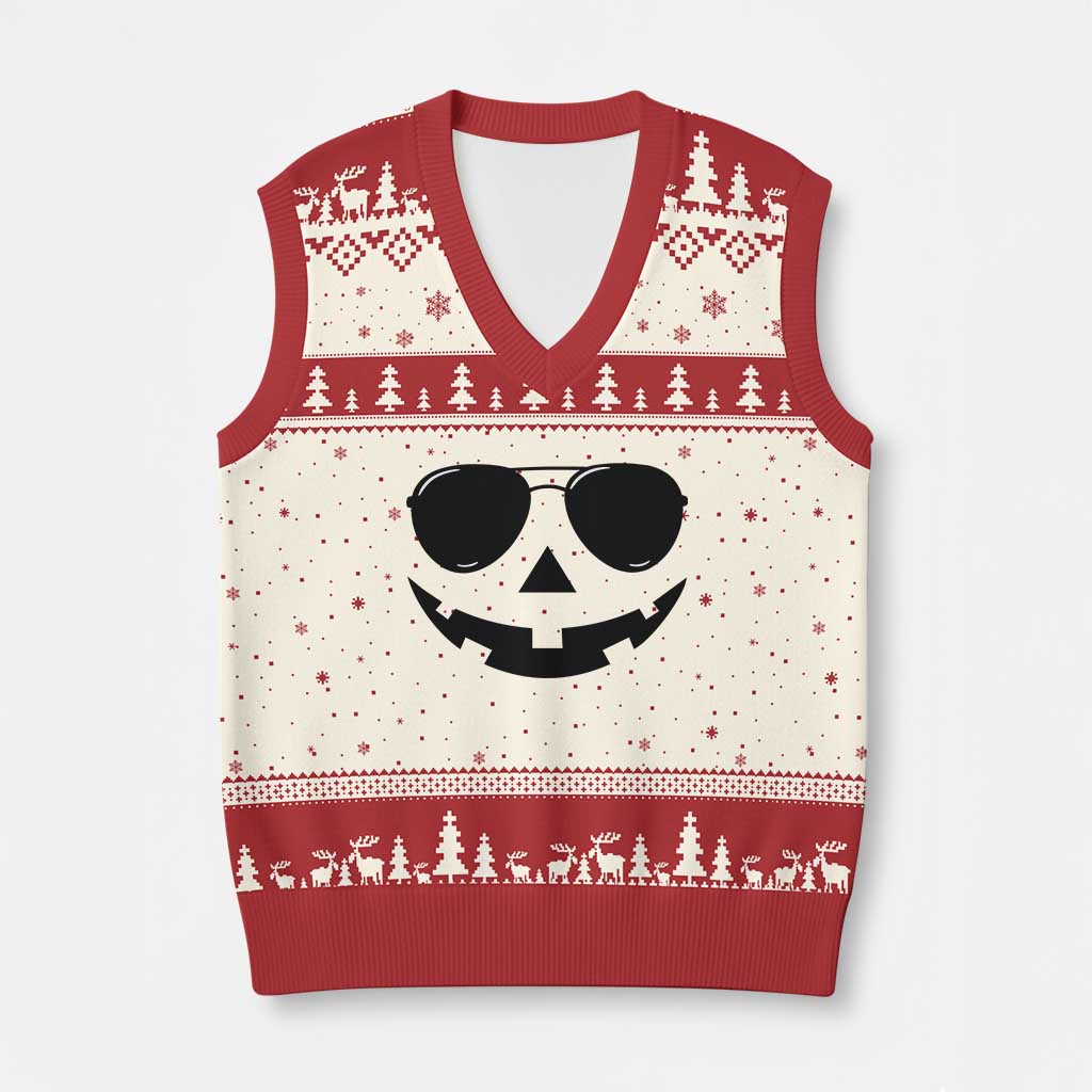 Pumpkin Face V-Neck Knit Sweater Vest Vintage Jack o Lantern Jackolantern Spooky Season Halloween - Wonder Print Shop