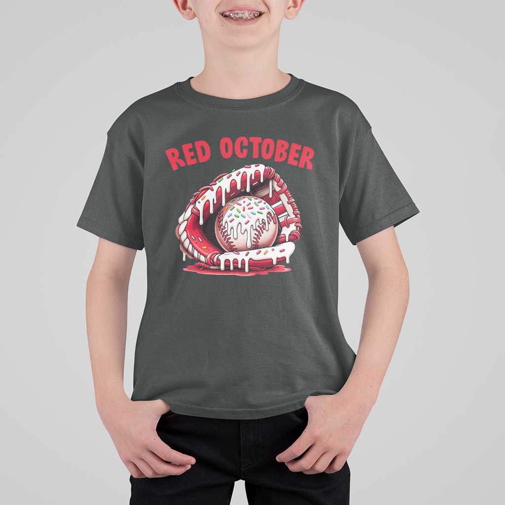 Red October T Shirt For Kid Baseball Drip Ice Cream Sprinkles Baseball Glove - Wonder Print Shop