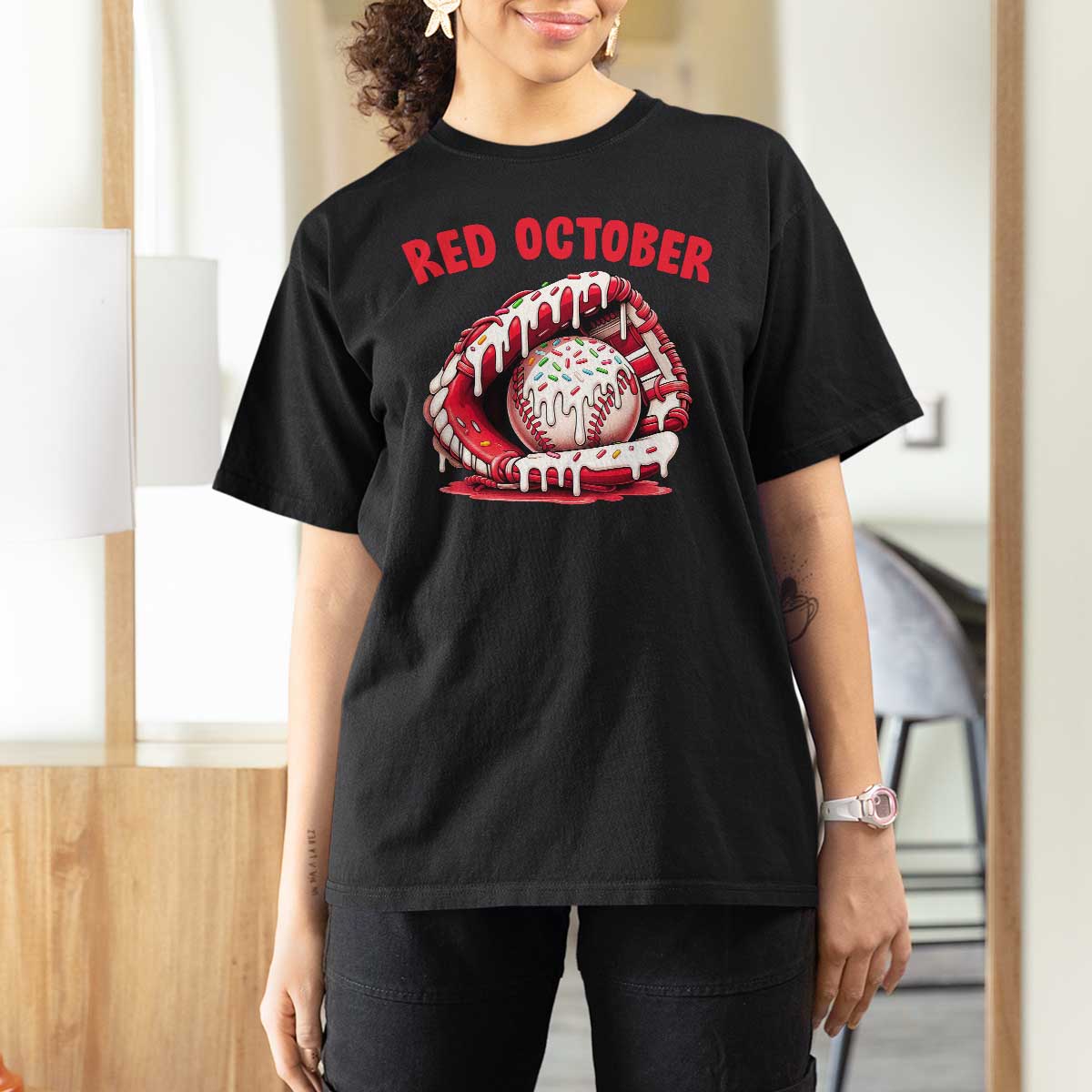 Red October T Shirt For Women Baseball Drip Ice Cream Sprinkles Baseball Glove - Wonder Print Shop