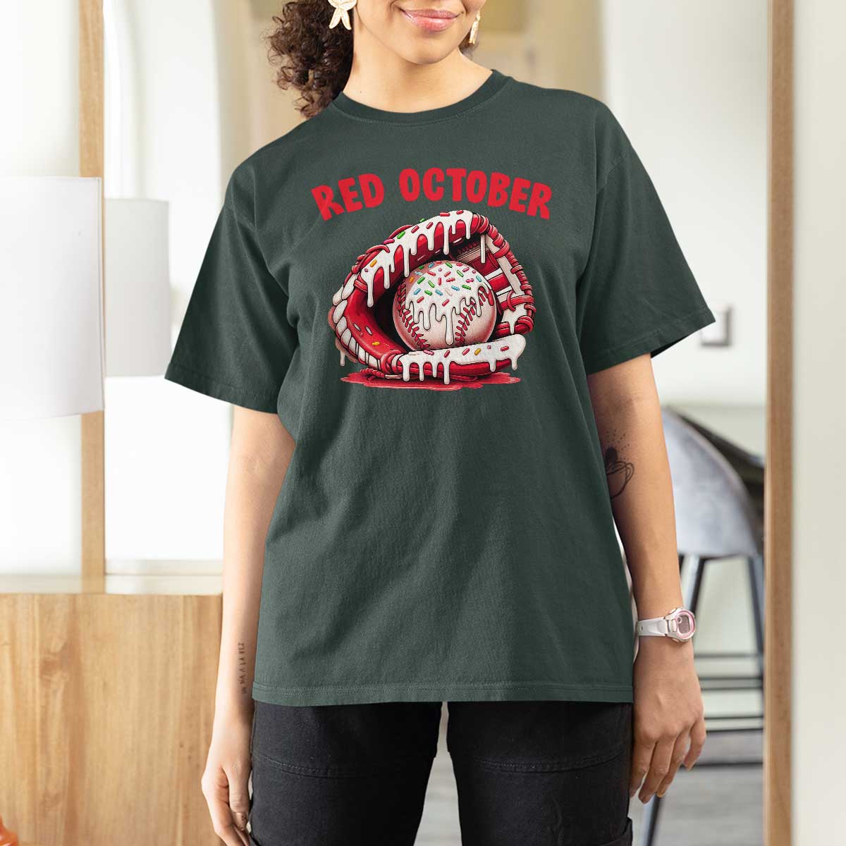Red October T Shirt For Women Baseball Drip Ice Cream Sprinkles Baseball Glove - Wonder Print Shop