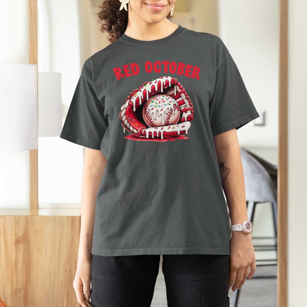 Red October T Shirt For Women Baseball Drip Ice Cream Sprinkles Baseball Glove - Wonder Print Shop