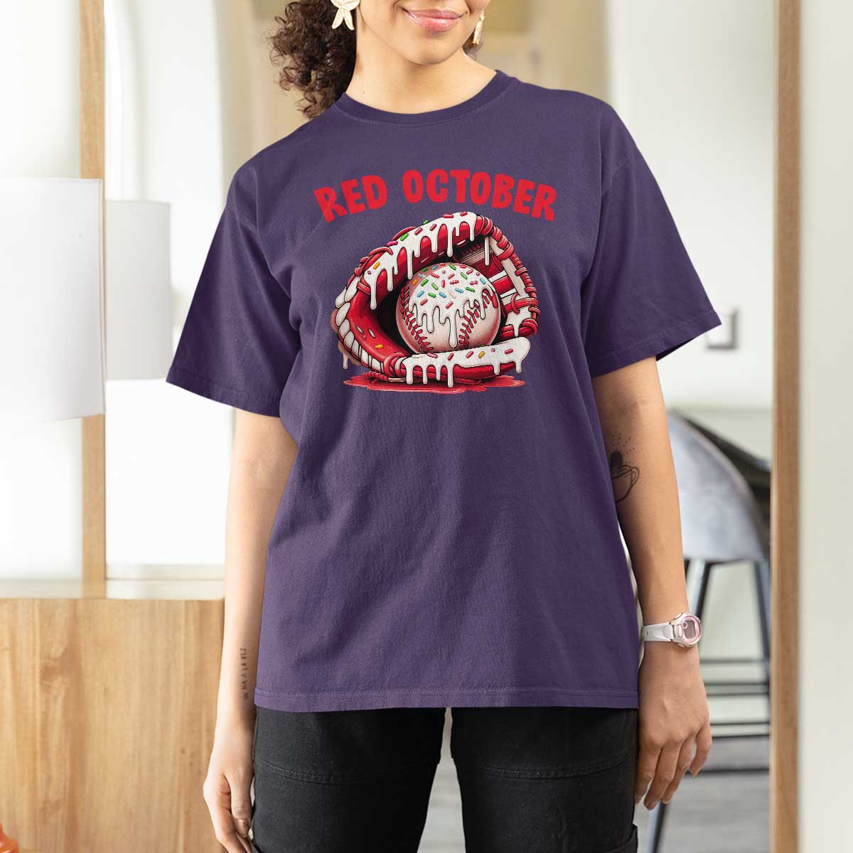 Red October T Shirt For Women Baseball Drip Ice Cream Sprinkles Baseball Glove - Wonder Print Shop