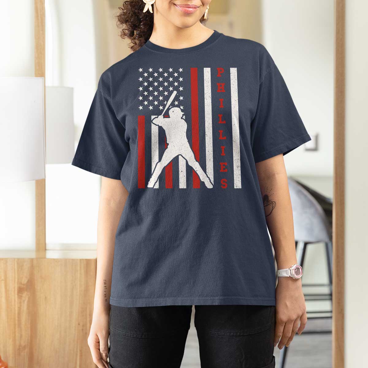Phillies Baseball T Shirt For Women Cool Distressed Philadelphia Red October US Flag - Wonder Print Shop