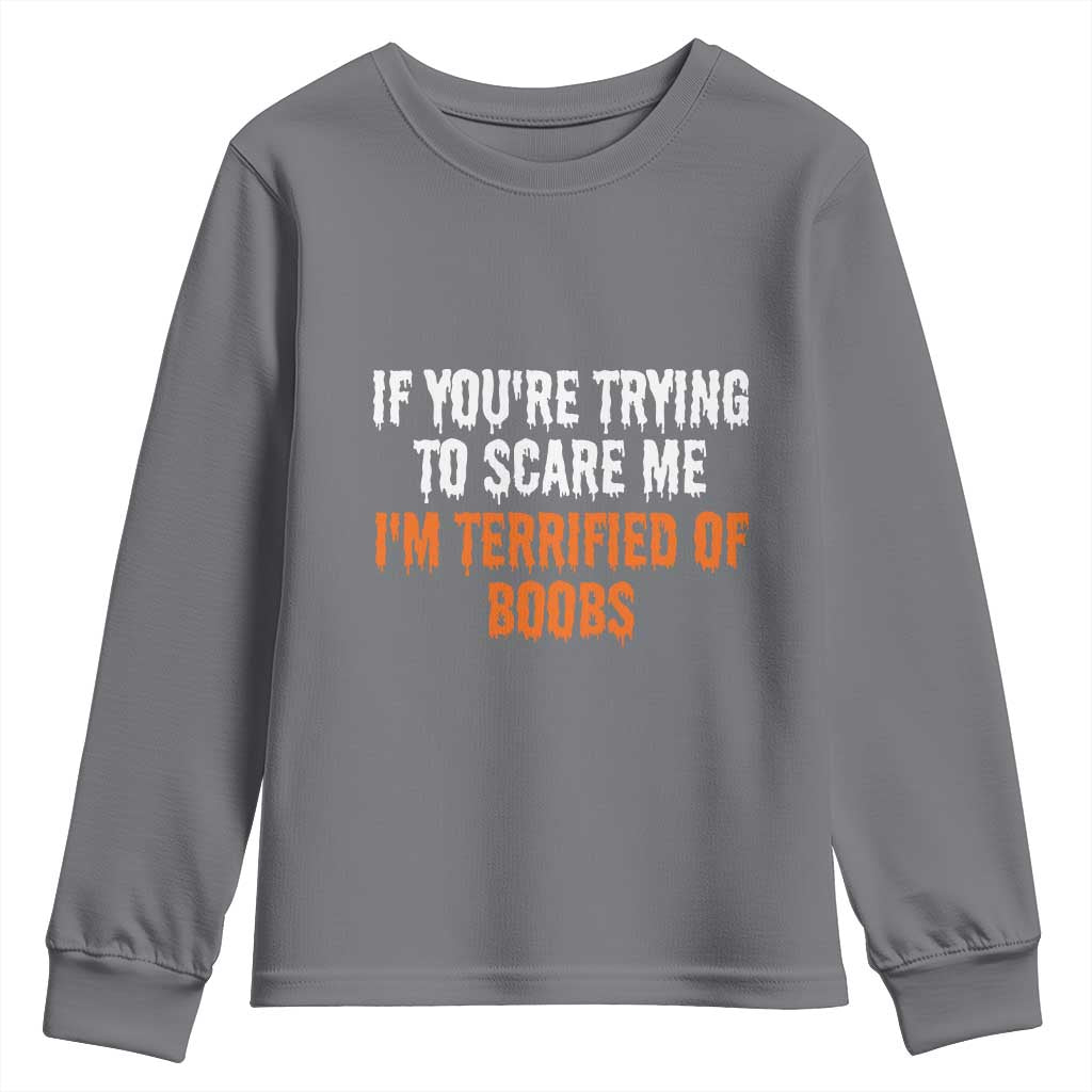 Funny Adult Humor Halloween Youth Sweatshirt If You Are Trying To Scare Me I Am Terrified Of Boobs - Wonder Print Shop