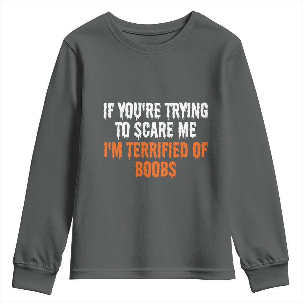 Funny Adult Humor Halloween Youth Sweatshirt If You Are Trying To Scare Me I Am Terrified Of Boobs - Wonder Print Shop