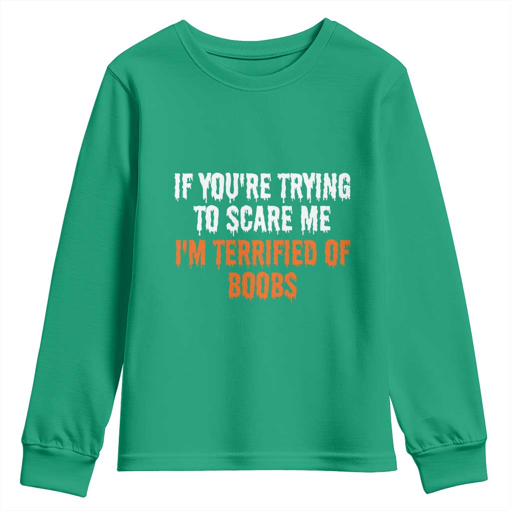 Funny Adult Humor Halloween Youth Sweatshirt If You Are Trying To Scare Me I Am Terrified Of Boobs - Wonder Print Shop