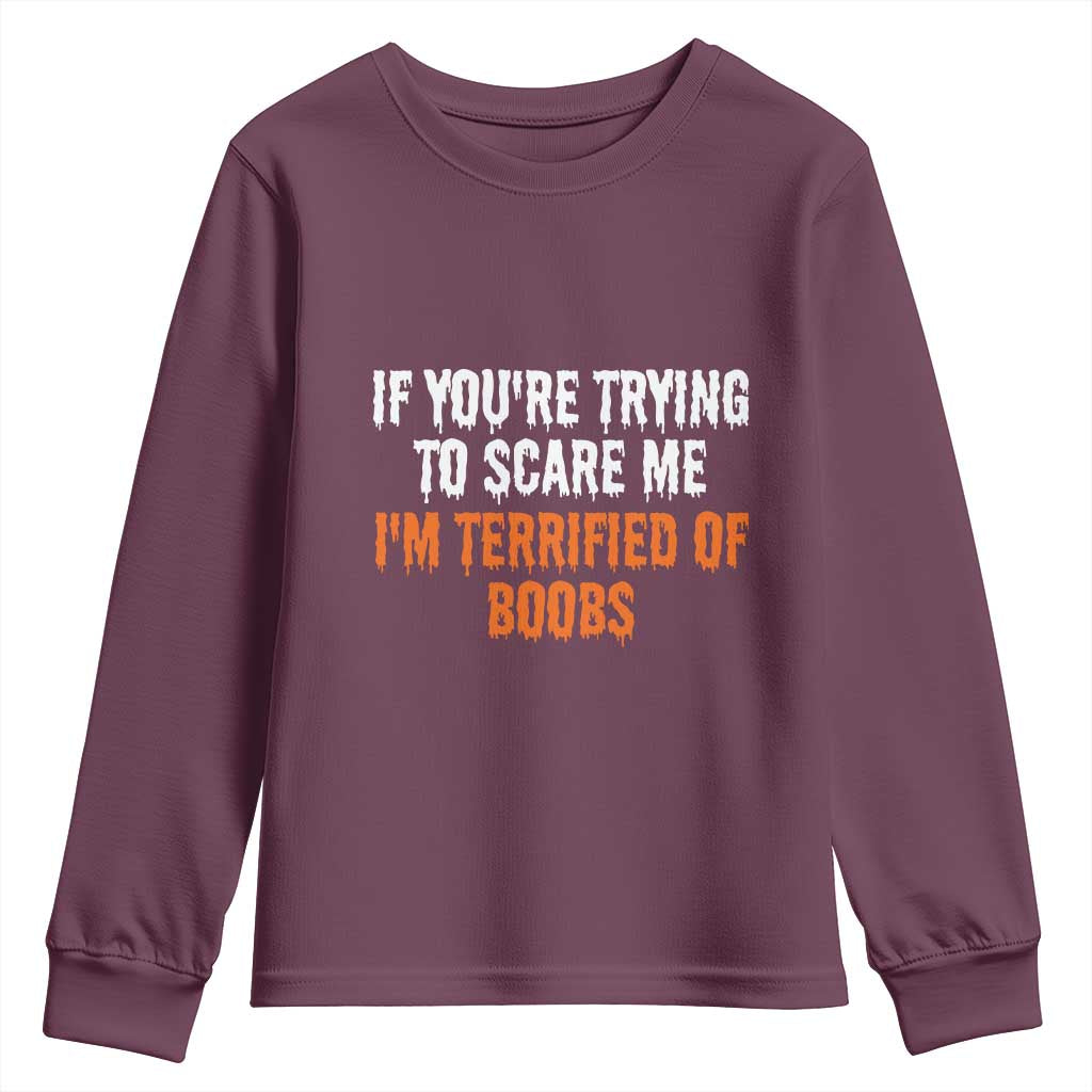 Funny Adult Humor Halloween Youth Sweatshirt If You Are Trying To Scare Me I Am Terrified Of Boobs - Wonder Print Shop