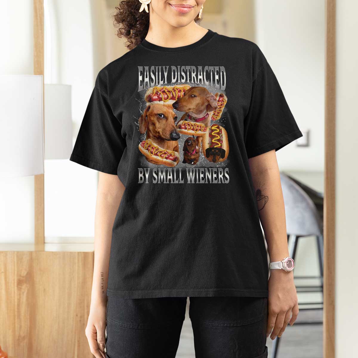 Funny Offensive Dachshund T Shirt For Women Easily Distracted By Small Wieners Bootleg Meme