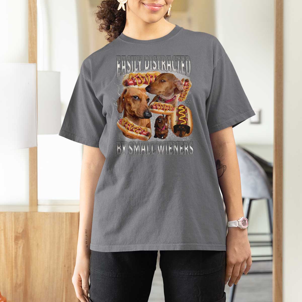 Funny Offensive Dachshund T Shirt For Women Easily Distracted By Small Wieners Bootleg Meme