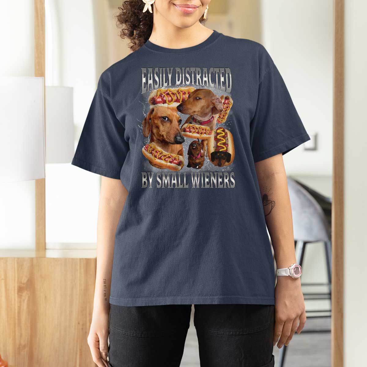 Funny Offensive Dachshund T Shirt For Women Easily Distracted By Small Wieners Bootleg Meme