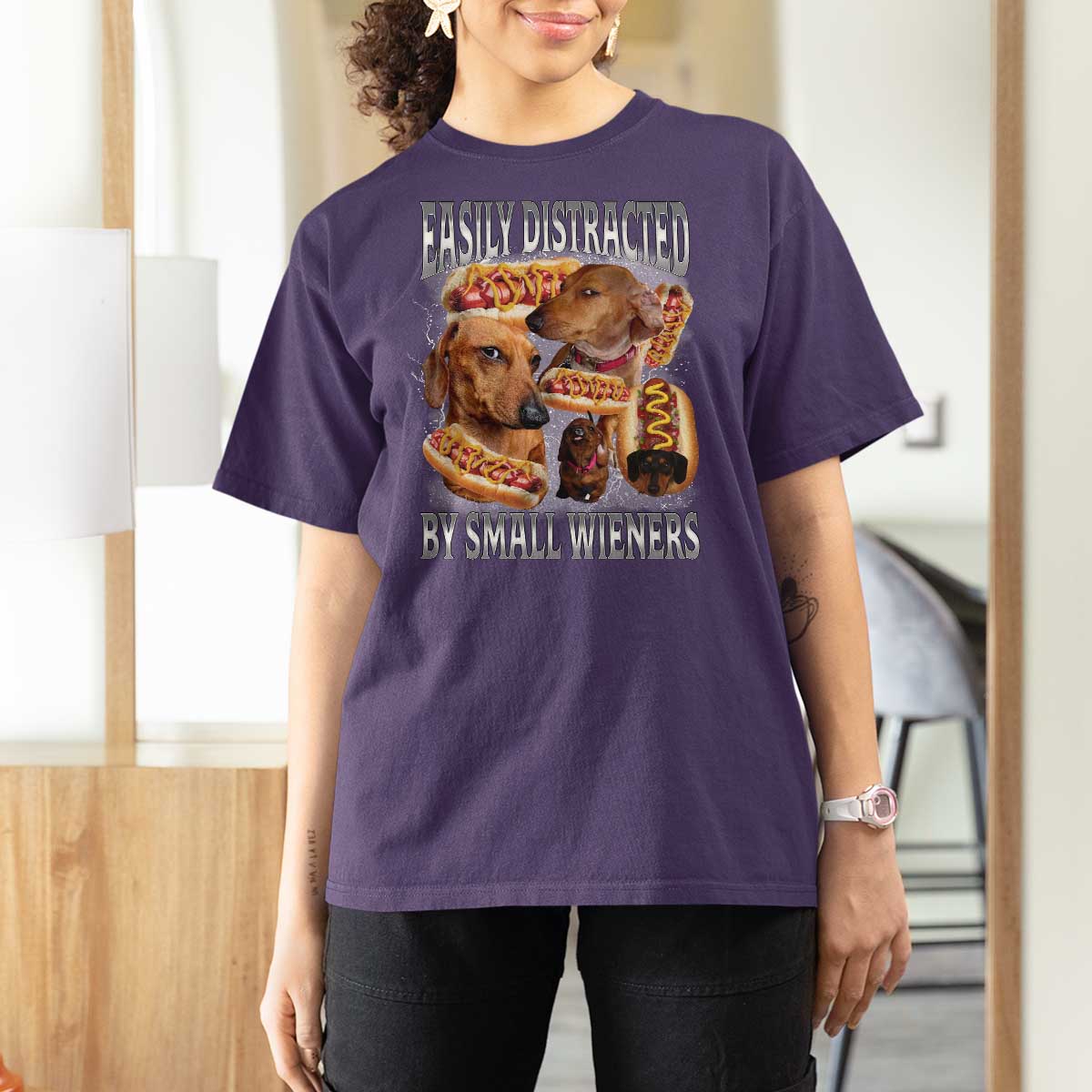 Funny Offensive Dachshund T Shirt For Women Easily Distracted By Small Wieners Bootleg Meme