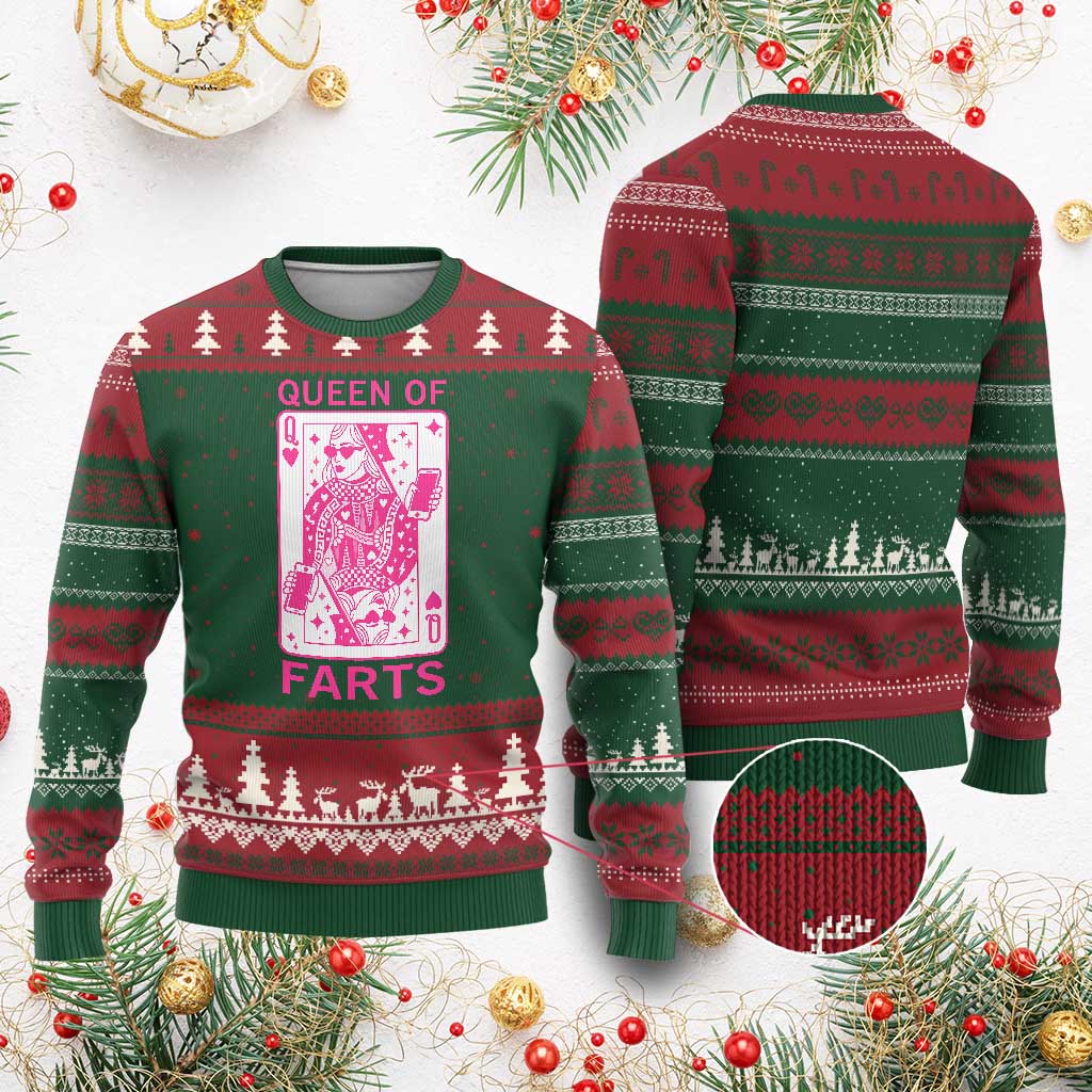 Queen of Farts Ugly Christmas Sweater Funny Joke Inappropriate Fart Prank Gift - Wonder Print Shop