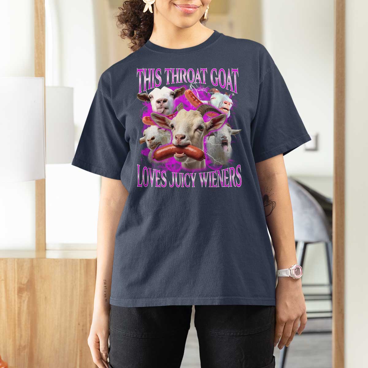 Funny Throat Goat T Shirt For Women Swallows Juicy Wieners Inappropriate Adult - Wonder Print Shop