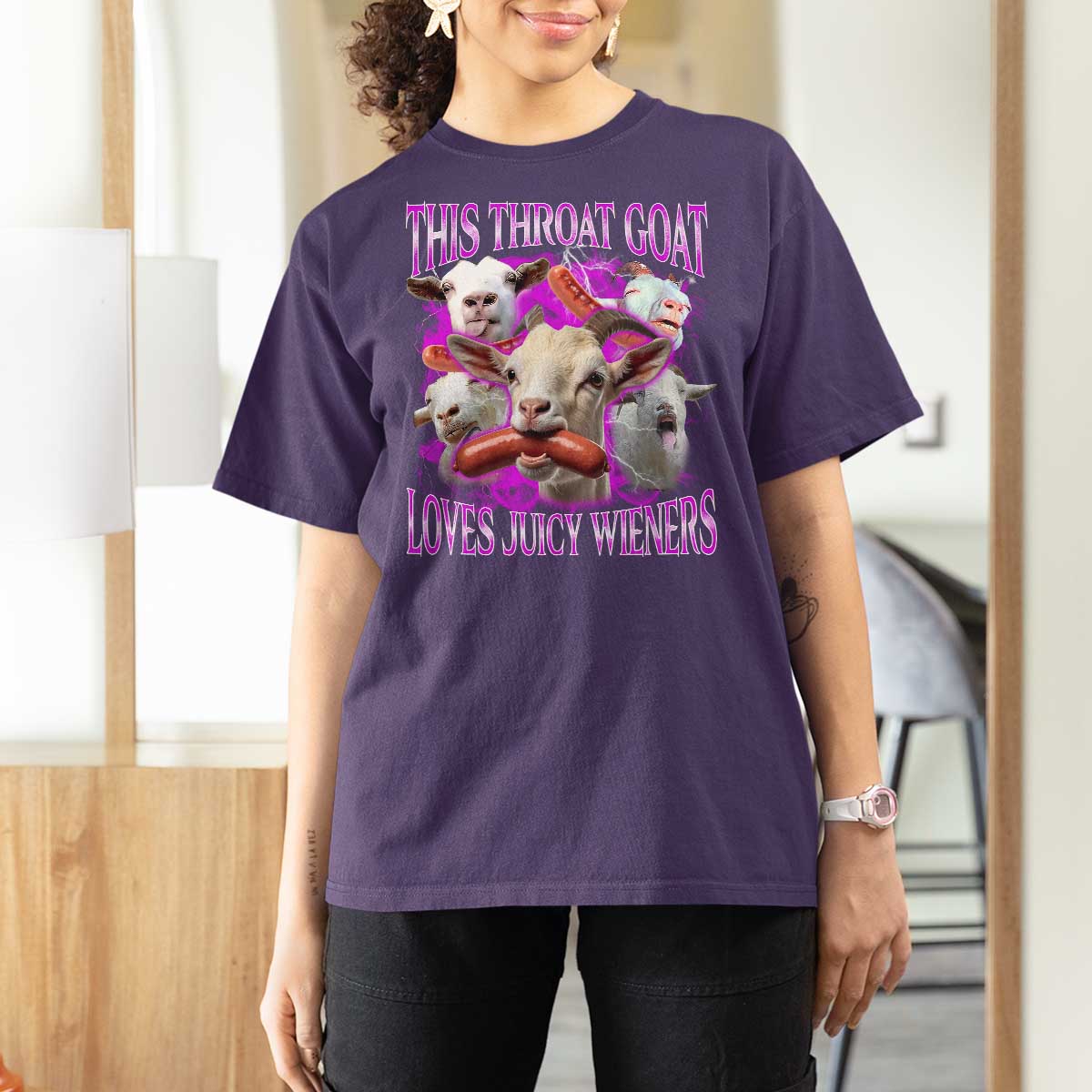 Funny Throat Goat T Shirt For Women Swallows Juicy Wieners Inappropriate Adult - Wonder Print Shop