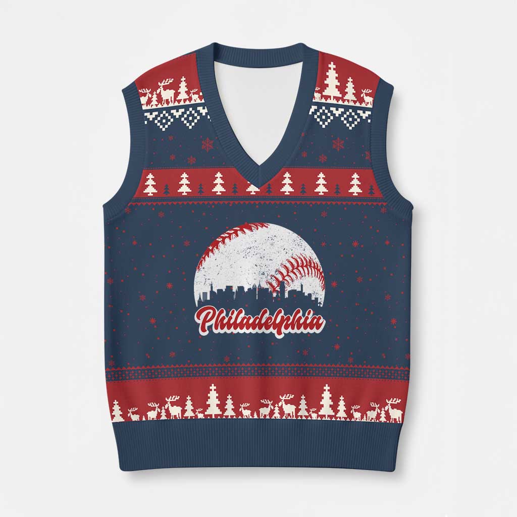 Philadelphia Baseball V-Neck Knit Sweater Vest Vintage Skyline City - Wonder Print Shop