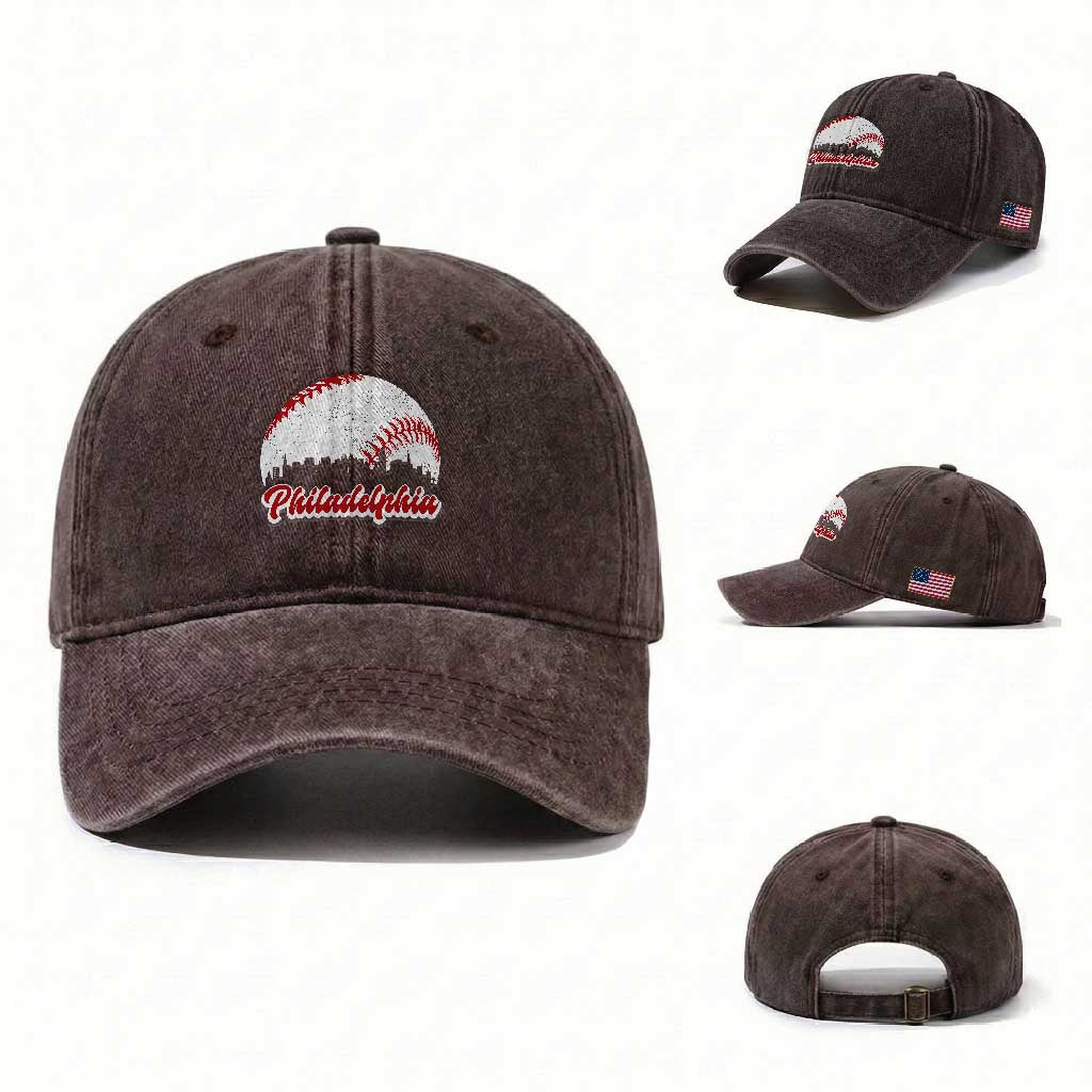 Philadelphia Baseball Lover Washed Cotton Baseball Cap Vintage Skyline City
