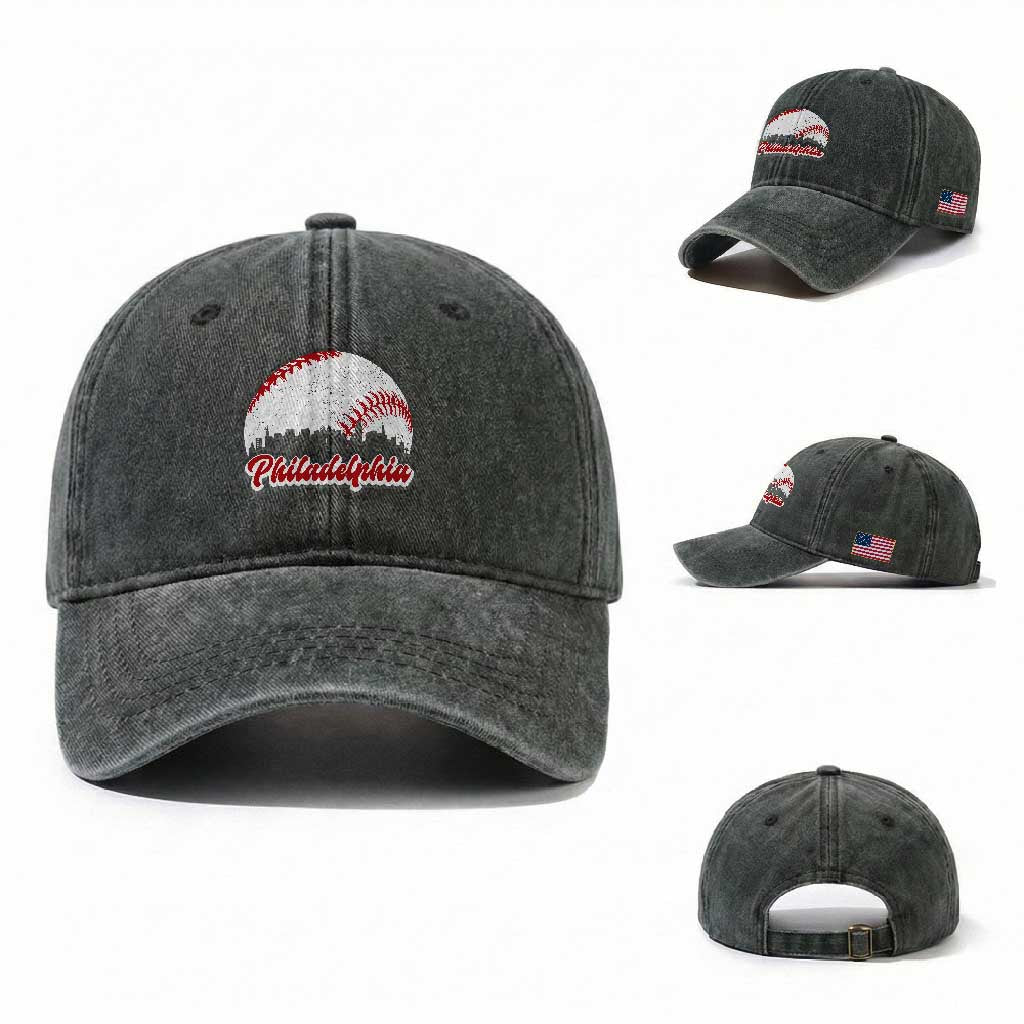 Philadelphia Baseball Lover Washed Cotton Baseball Cap Vintage Skyline City