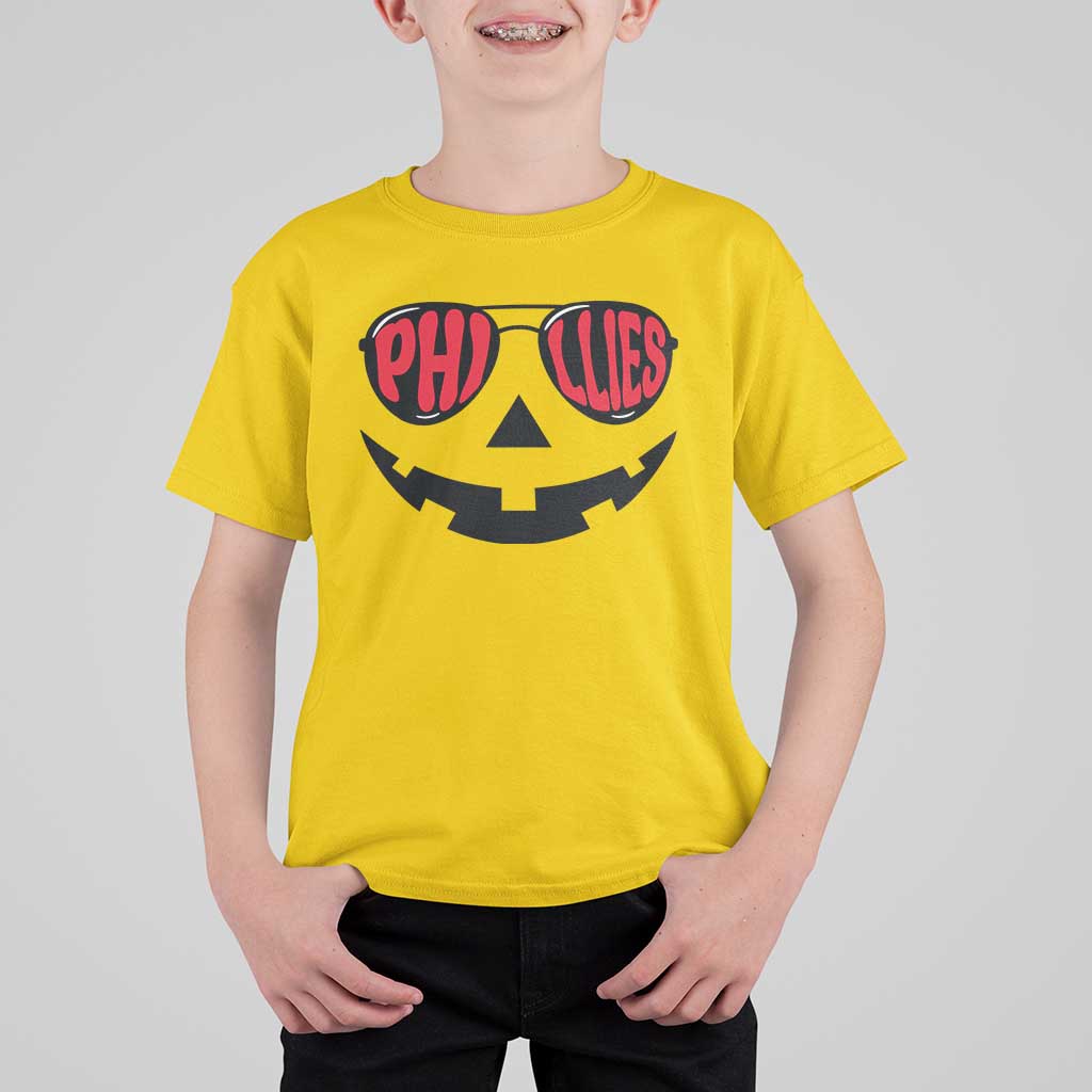 Halloween Phillies T Shirt For Kid Philadelphia Baseball Red October Jackolantern Pumpkin Face - Wonder Print Shop