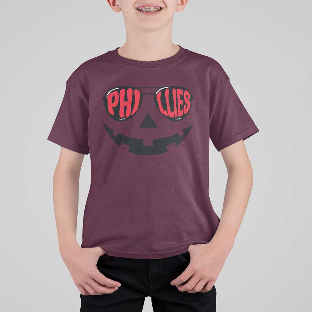 Halloween Phillies T Shirt For Kid Philadelphia Baseball Red October Jackolantern Pumpkin Face - Wonder Print Shop