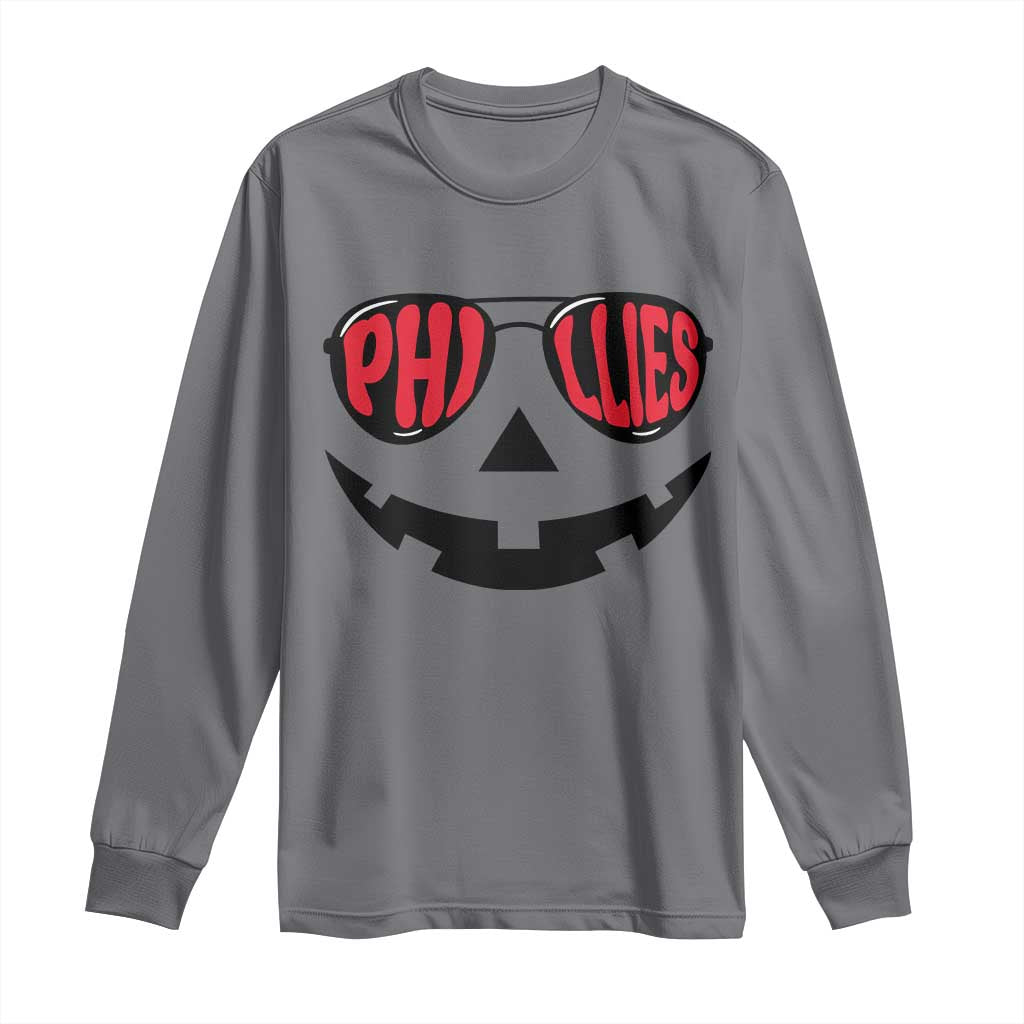Halloween Phillies Long Sleeve Shirt Philadelphia Baseball Red October Jackolantern Pumpkin Face - Wonder Print Shop