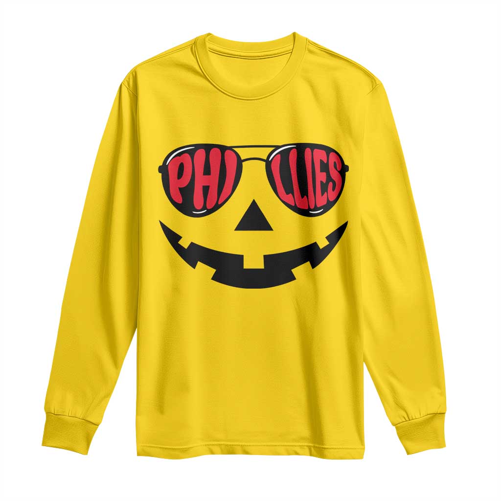 Halloween Phillies Long Sleeve Shirt Philadelphia Baseball Red October Jackolantern Pumpkin Face - Wonder Print Shop