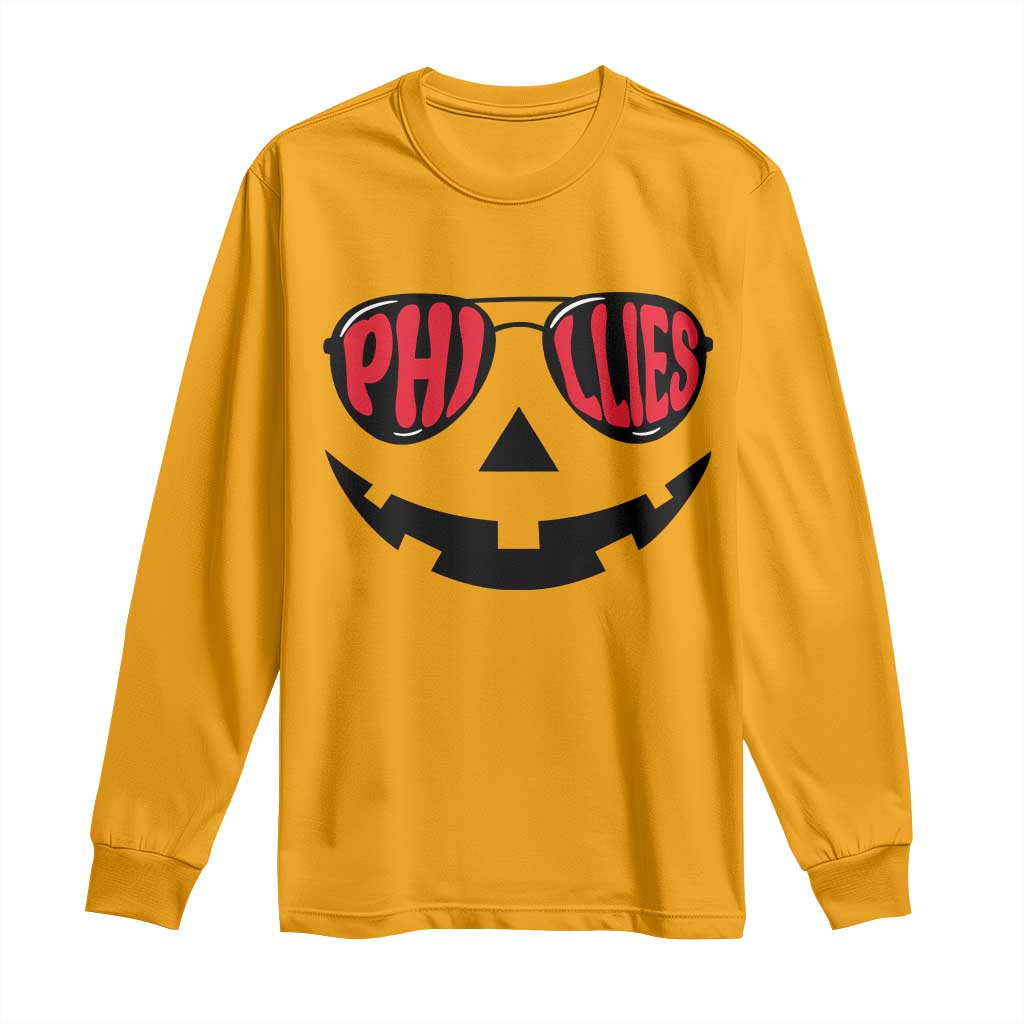 Halloween Phillies Long Sleeve Shirt Philadelphia Baseball Red October Jackolantern Pumpkin Face - Wonder Print Shop