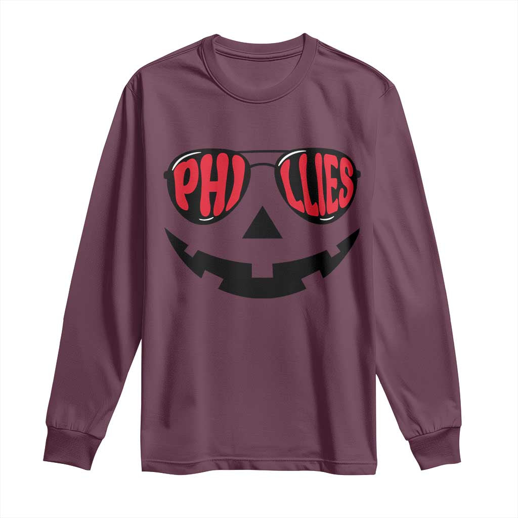 Halloween Phillies Long Sleeve Shirt Philadelphia Baseball Red October Jackolantern Pumpkin Face - Wonder Print Shop