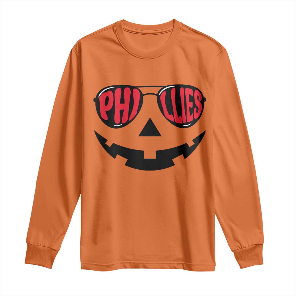 Halloween Phillies Long Sleeve Shirt Philadelphia Baseball Red October Jackolantern Pumpkin Face - Wonder Print Shop