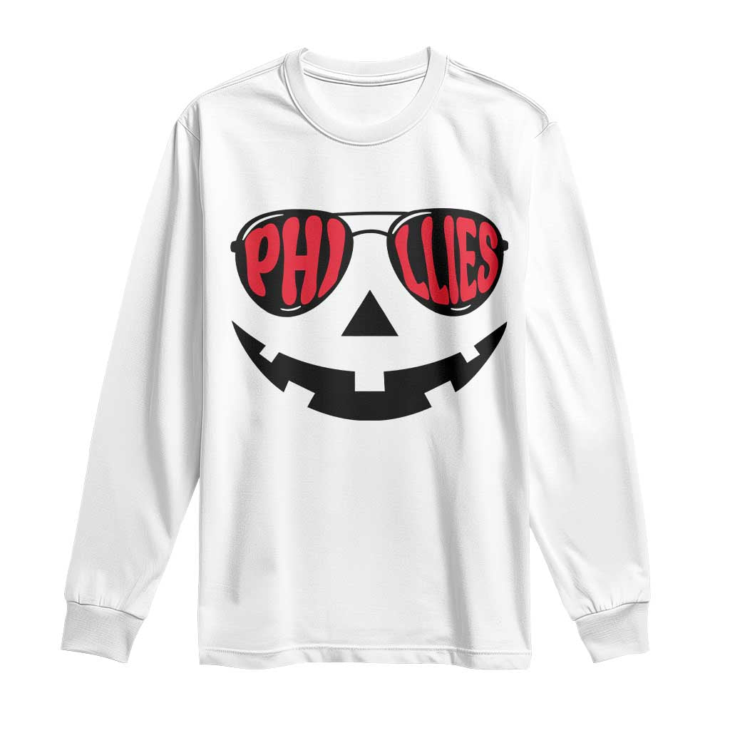 Halloween Phillies Long Sleeve Shirt Philadelphia Baseball Red October Jackolantern Pumpkin Face - Wonder Print Shop