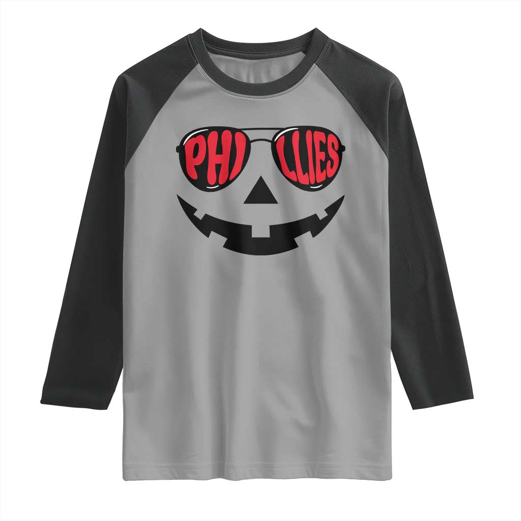 Halloween Phillies Raglan Shirt Philadelphia Baseball Red October Jackolantern Pumpkin Face - Wonder Print Shop