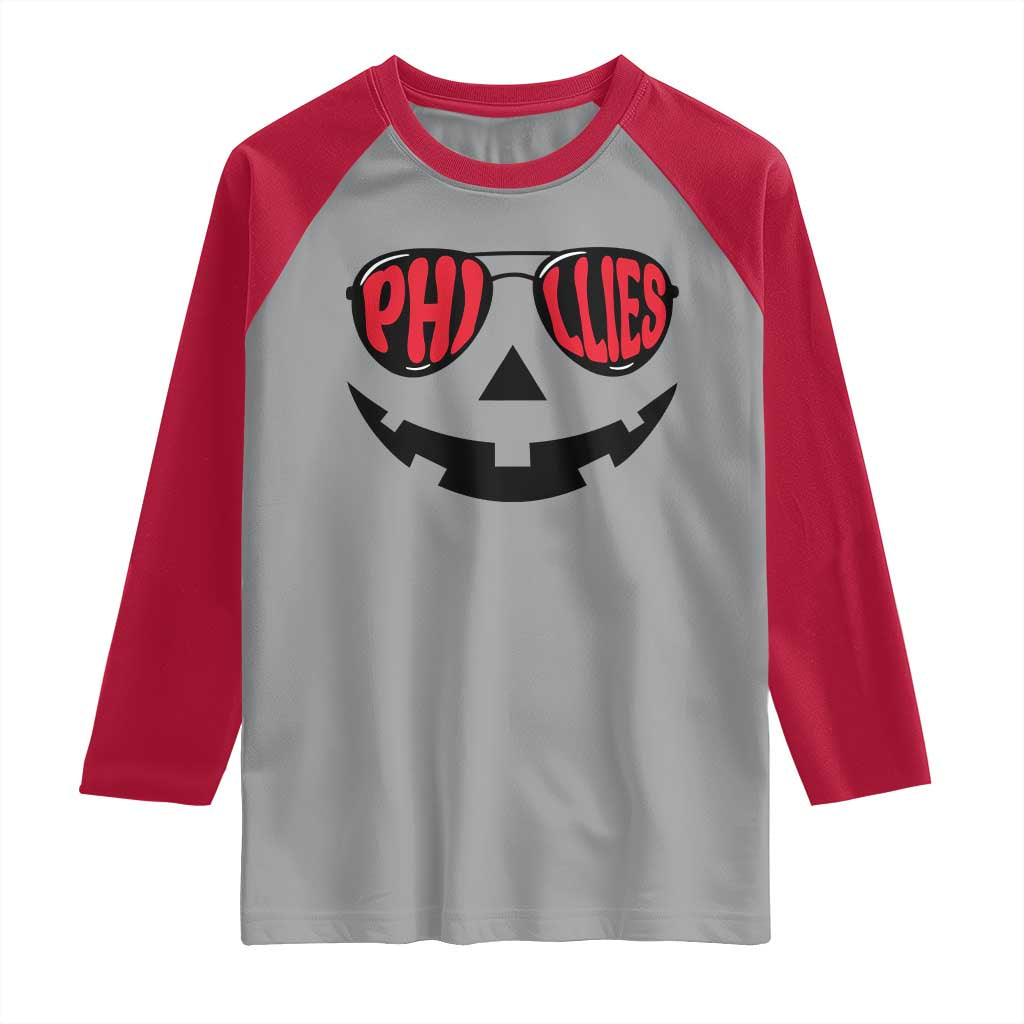 Halloween Phillies Raglan Shirt Philadelphia Baseball Red October Jackolantern Pumpkin Face - Wonder Print Shop