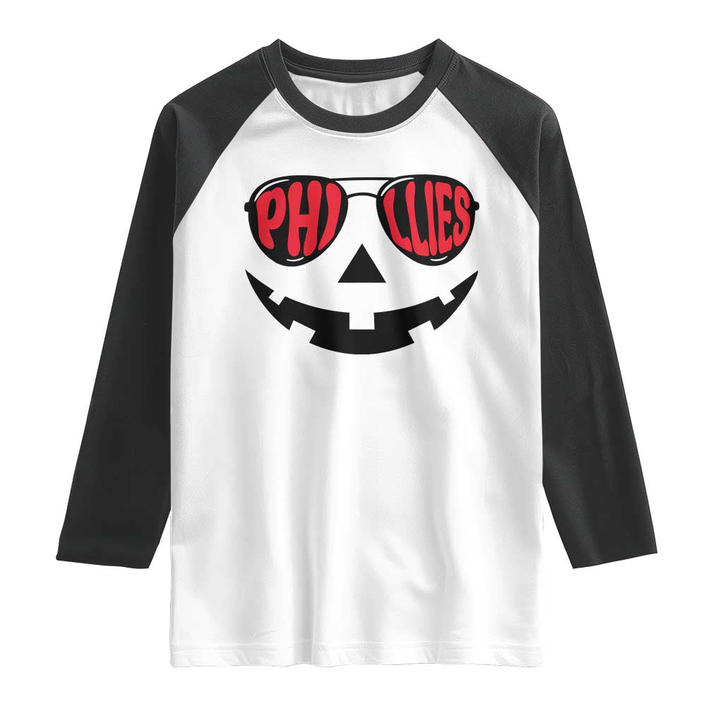 Halloween Phillies Raglan Shirt Philadelphia Baseball Red October Jackolantern Pumpkin Face - Wonder Print Shop