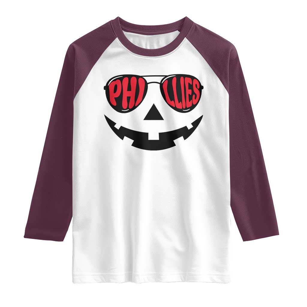 Halloween Phillies Raglan Shirt Philadelphia Baseball Red October Jackolantern Pumpkin Face - Wonder Print Shop