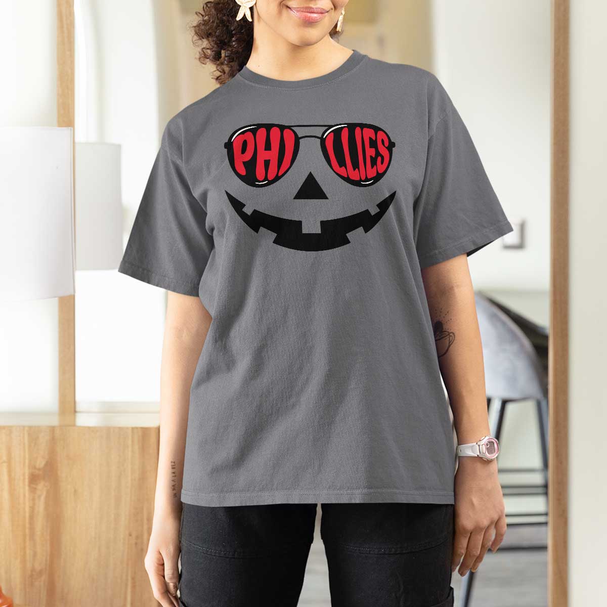 Halloween Phillies T Shirt For Women Philadelphia Baseball Red October Jackolantern Pumpkin Face - Wonder Print Shop