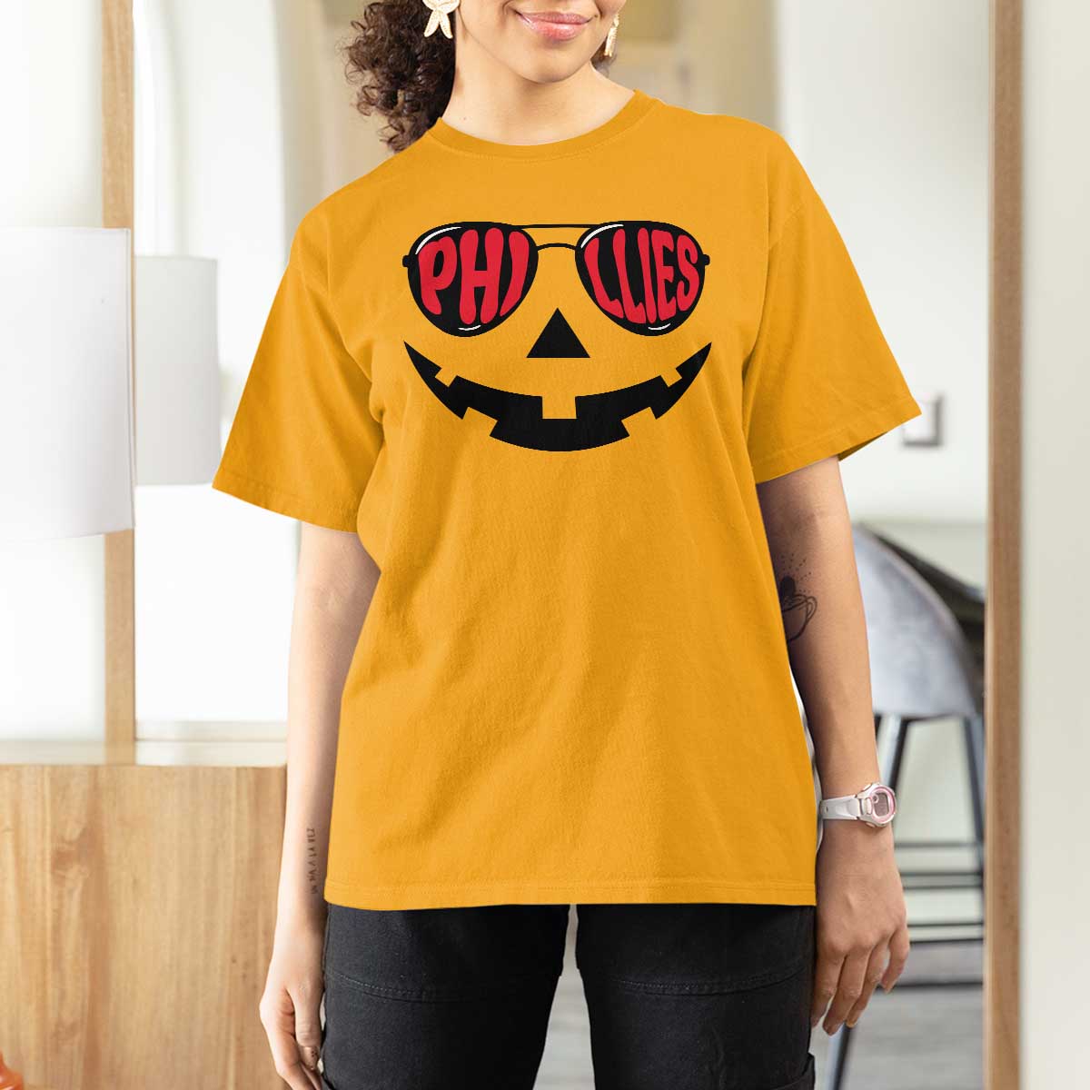 Halloween Phillies T Shirt For Women Philadelphia Baseball Red October Jackolantern Pumpkin Face - Wonder Print Shop