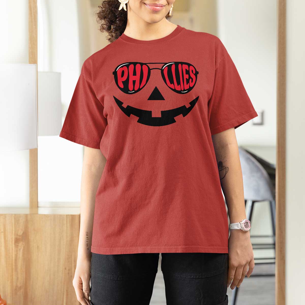 Halloween Phillies T Shirt For Women Philadelphia Baseball Red October Jackolantern Pumpkin Face - Wonder Print Shop