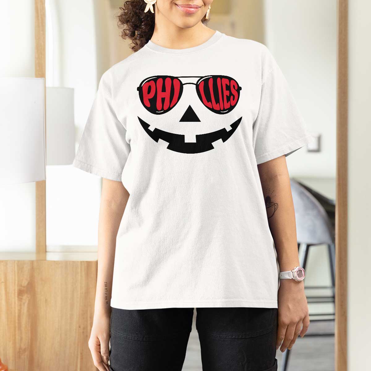 Halloween Phillies T Shirt For Women Philadelphia Baseball Red October Jackolantern Pumpkin Face - Wonder Print Shop
