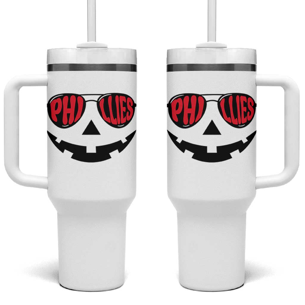 Halloween Phillies Tumbler With Handle Philadelphia Baseball Red October Jackolantern Pumpkin Face - Wonder Print Shop