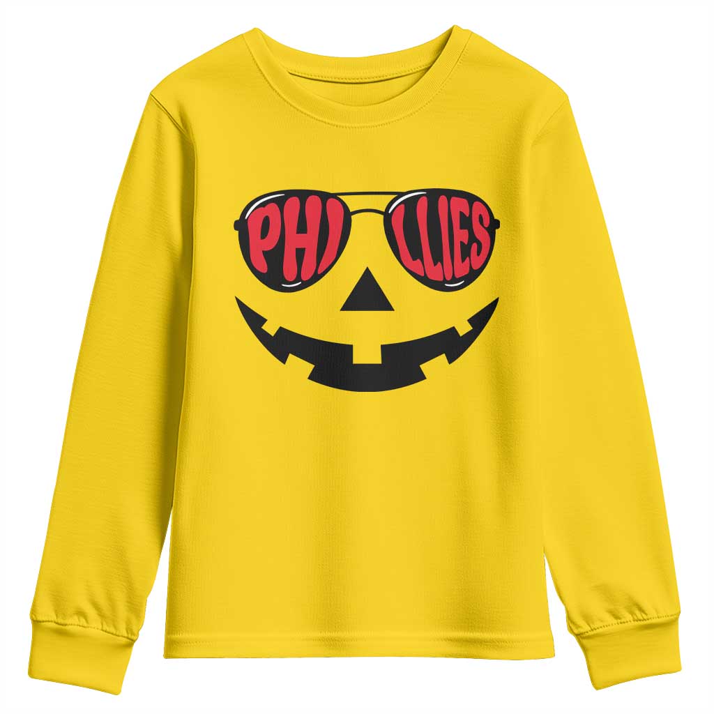 Halloween Phillies Youth Sweatshirt Philadelphia Baseball Red October Jackolantern Pumpkin Face - Wonder Print Shop