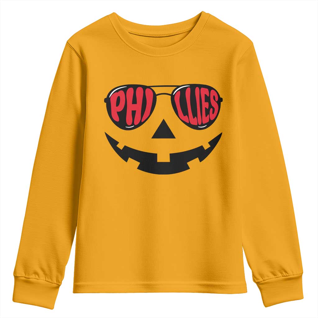 Halloween Phillies Youth Sweatshirt Philadelphia Baseball Red October Jackolantern Pumpkin Face - Wonder Print Shop