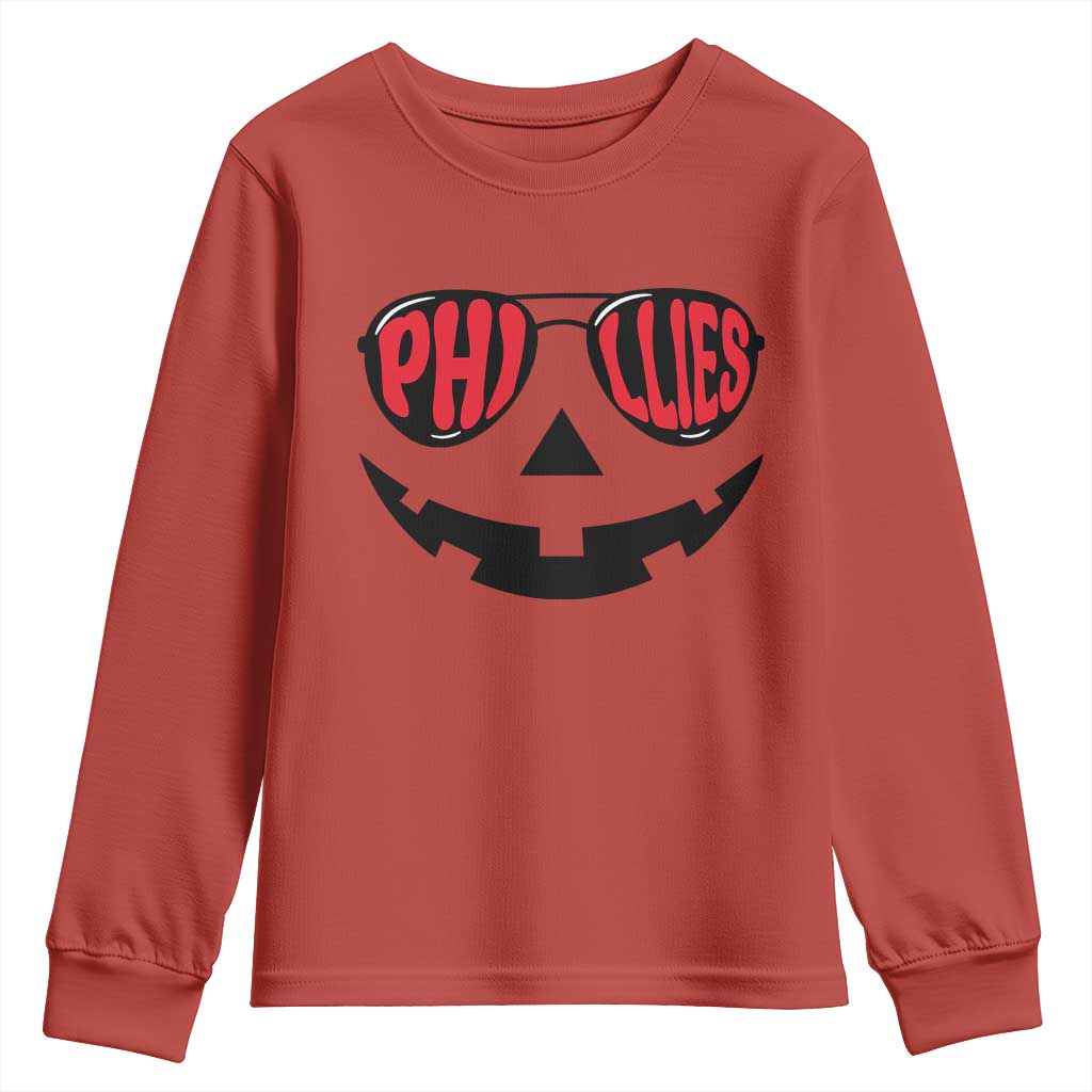 Halloween Phillies Youth Sweatshirt Philadelphia Baseball Red October Jackolantern Pumpkin Face - Wonder Print Shop