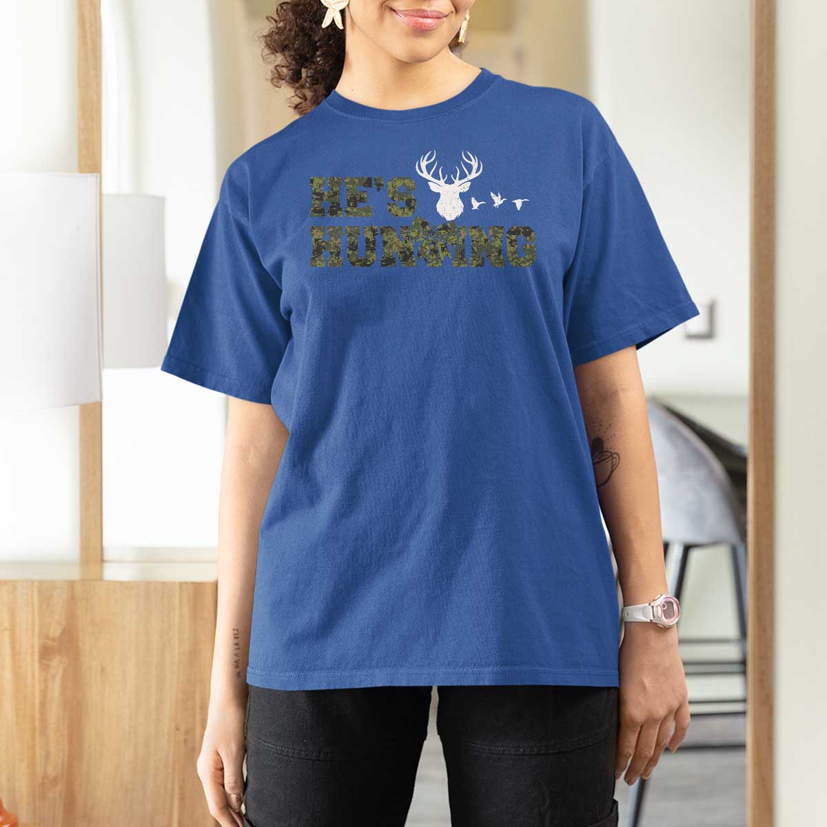 He Is Hunting T Shirt For Women Camo Deer Hunters Girlfriend Wife Hunting Season - Wonder Print Shop