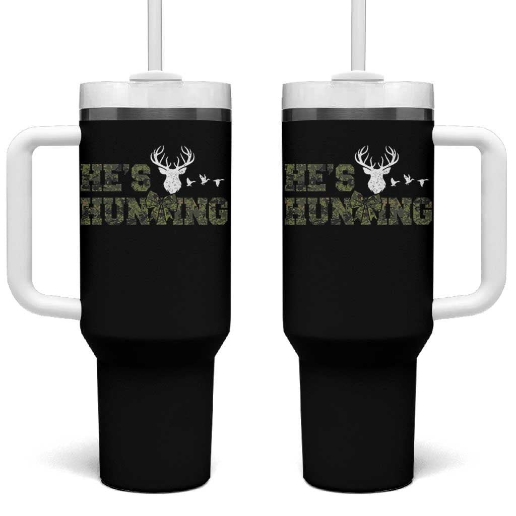 He Is Hunting Tumbler With Handle Camo Deer Hunters Girlfriend Wife Hunting Season - Wonder Print Shop